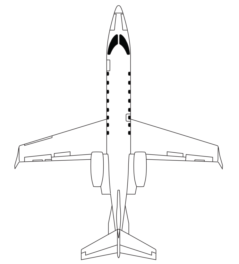 Image showing the top view of the Lear Jet 45 in a technical drawing or outline view.