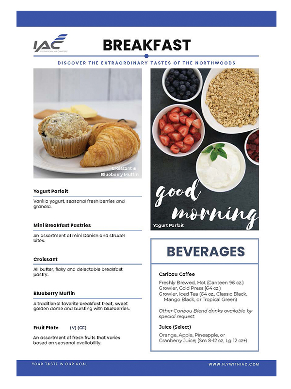 Image showing the breakfast options available in-flight with IAC. Click to view and download a PDF of our menu.