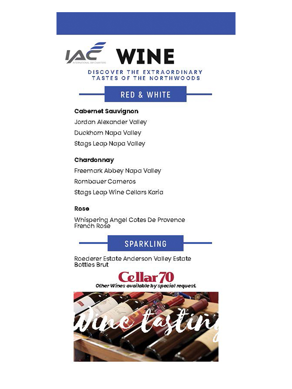 Image showing the Wines of Cellar 70 available in-flight with IAC. Click to view and download a PDF of our menu.